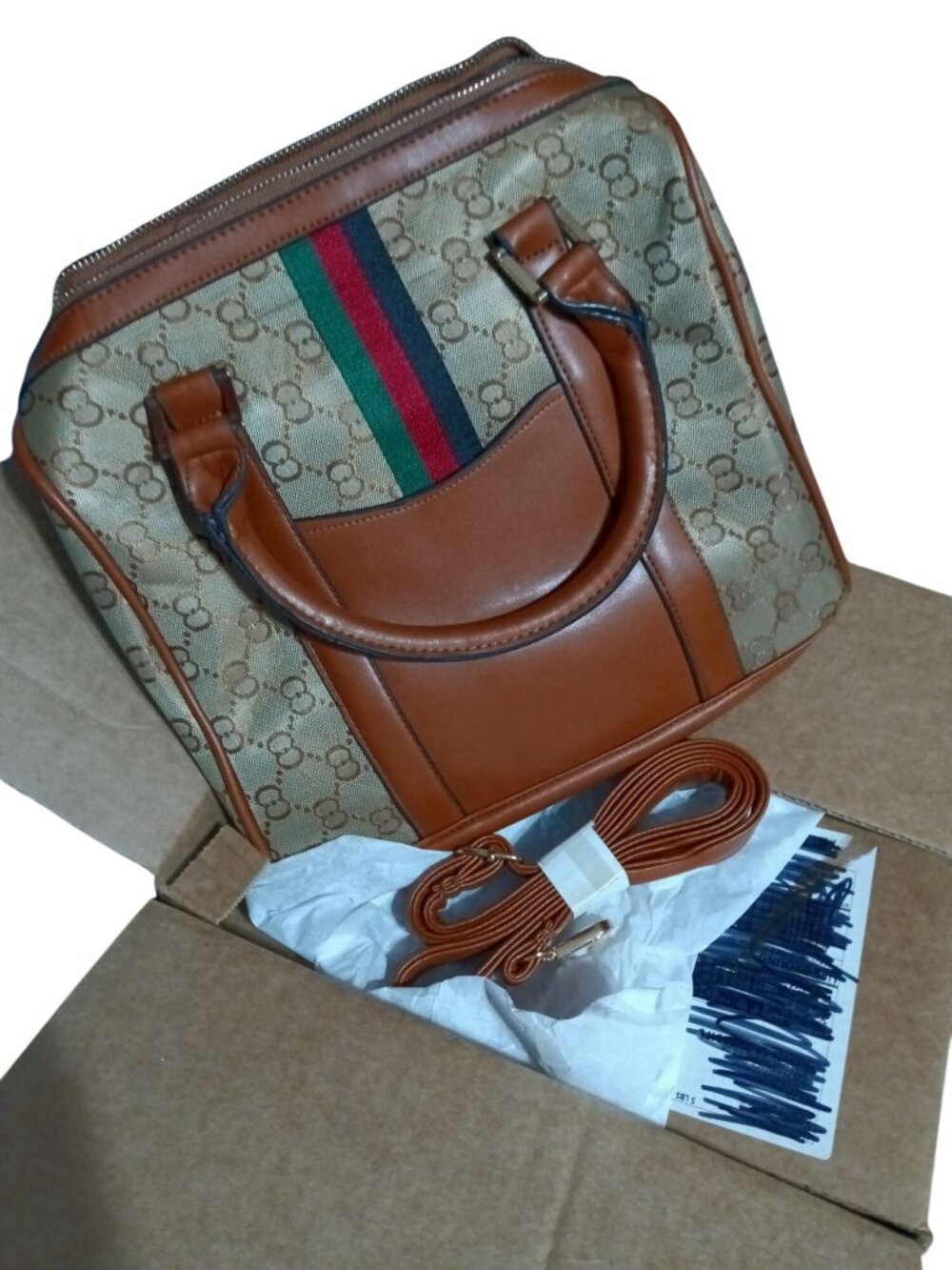 NWOT Monogram Canvas Handbag With Web Stripe - Picture 5 of 5